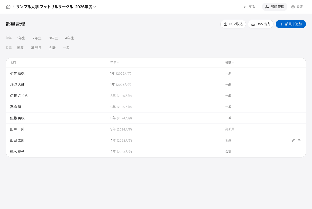 部員管理の画面